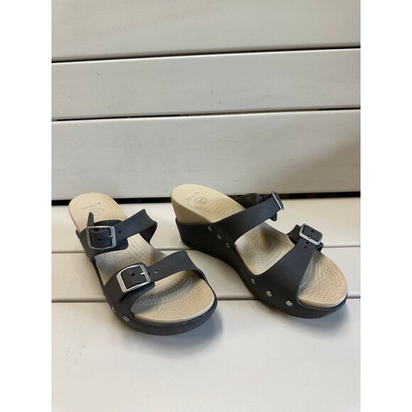 Crocs Women's Brown Cobbler Wedge Platform Double Strap Buckle Comfy Slides 9 - Picture 2 of 7